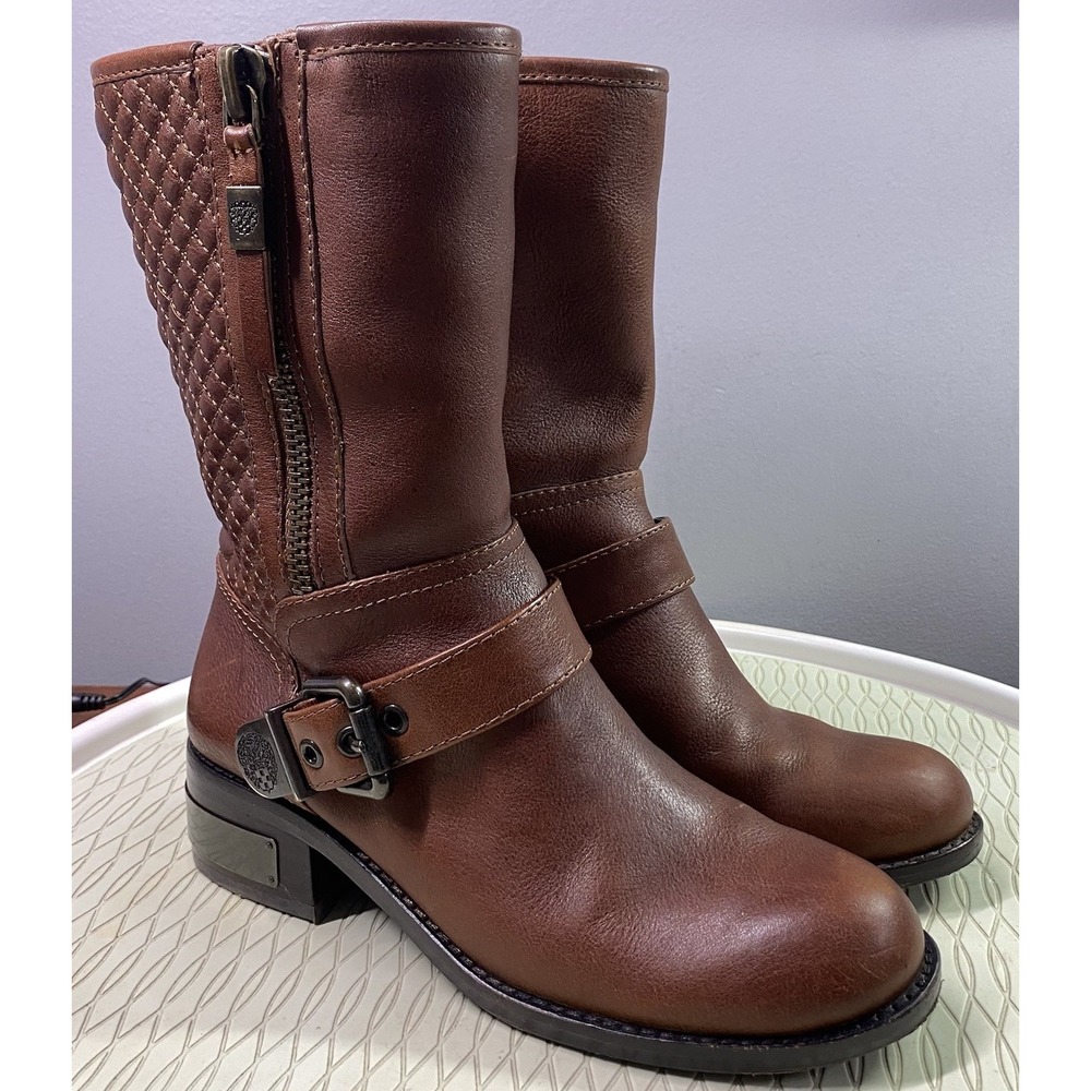 Vince Camuto Leather Whynn Mid‎ Moto Quilted Womens Brown Boots Sz.7.5 M